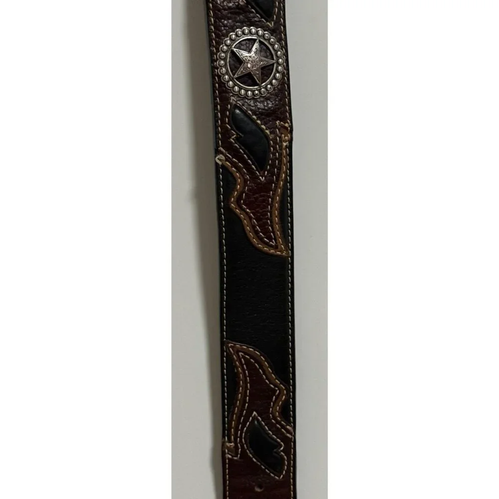 Larry Mehan Leather Belt‎ Sz 34 Western Silver Star Concho Intricate Stitching